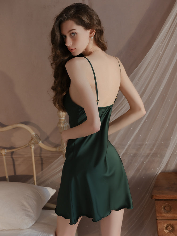 Padded Bow Satin Sleepdress | Dark Green
