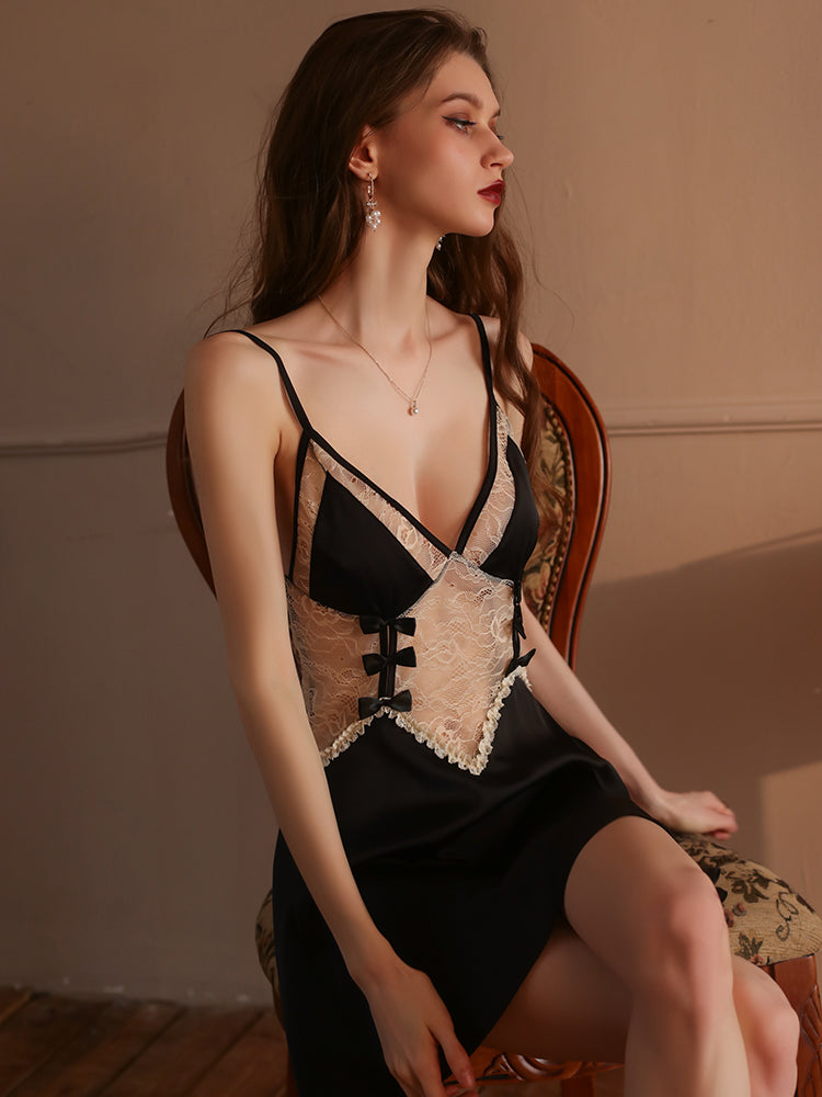 Sheer Lace Open-Back Nightdress | Black