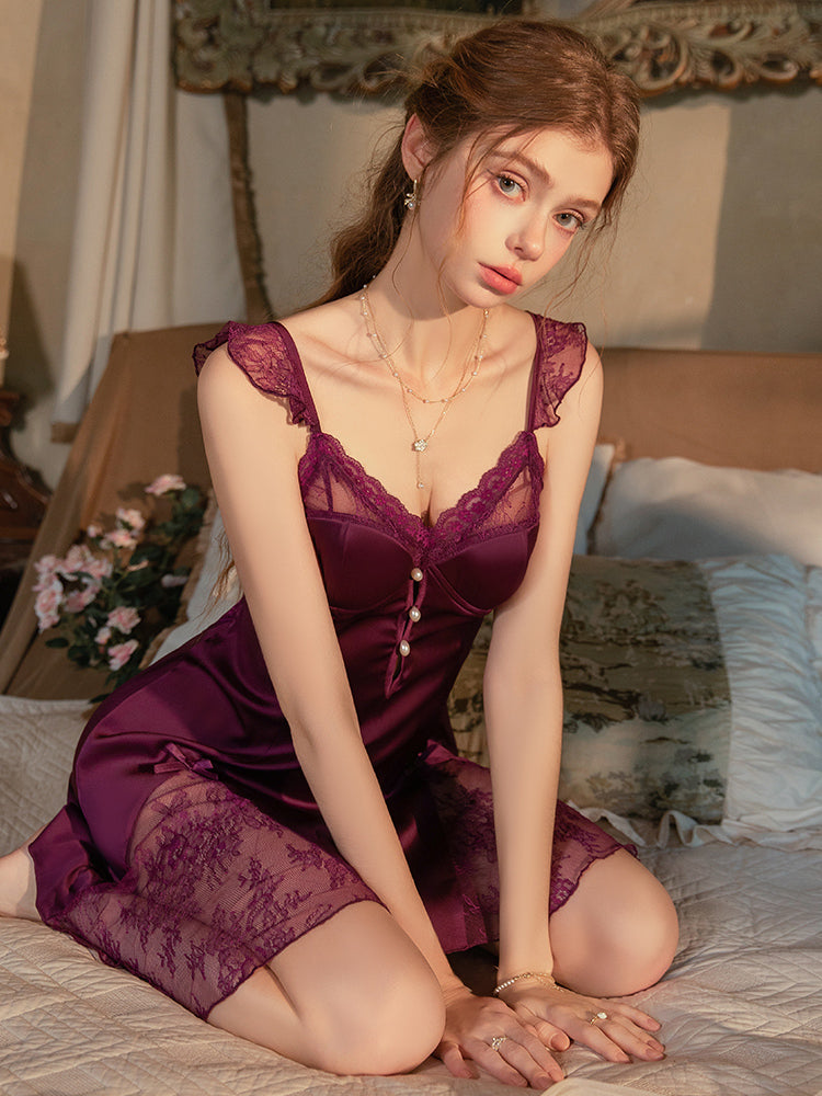 Satin Lace Mesh Padded Sleepdress | purple