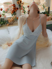 Padded Satin Lace Open-Back Nightdress | Sky Blue