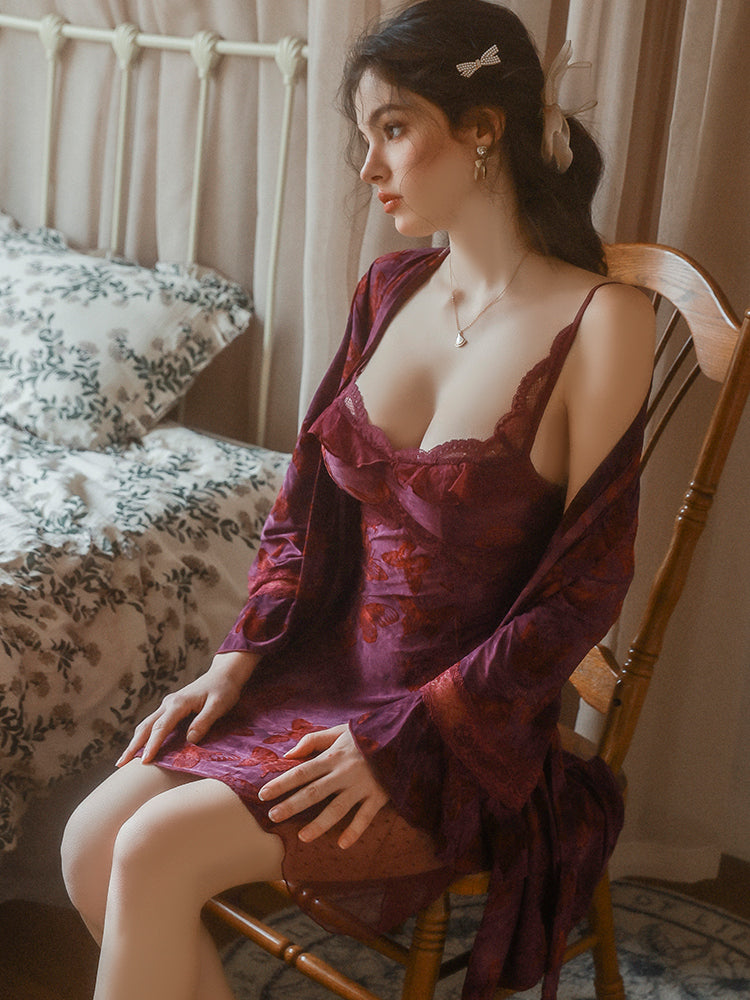 Purple Velvet Butterfly Nightdress and Robe Set | Purple Robe + Belt