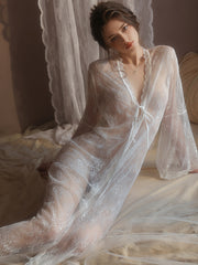 Sheer Lace Deep V Long Robe | white