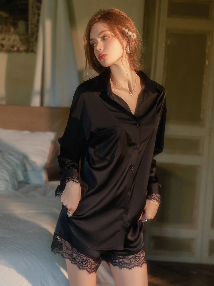 Sheer Satin Shirt and Shorts Lingerie | Black