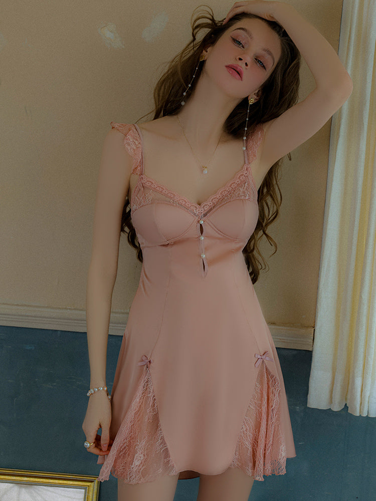 Satin Lace Mesh Padded Sleepdress | pink