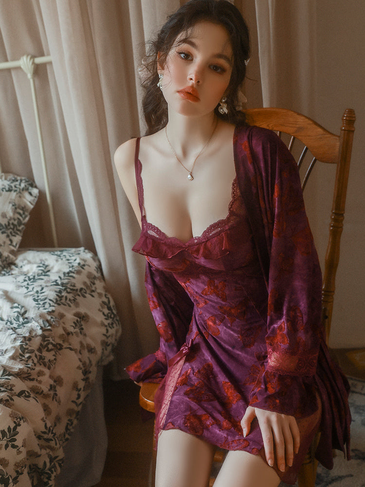Purple Velvet Butterfly Nightdress and Robe Set | Purple Robe + Belt