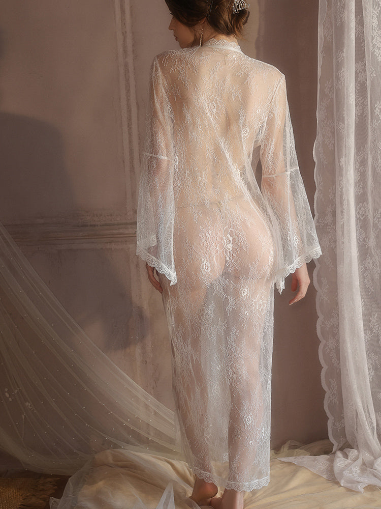 Sheer Lace Deep V Long Robe | white