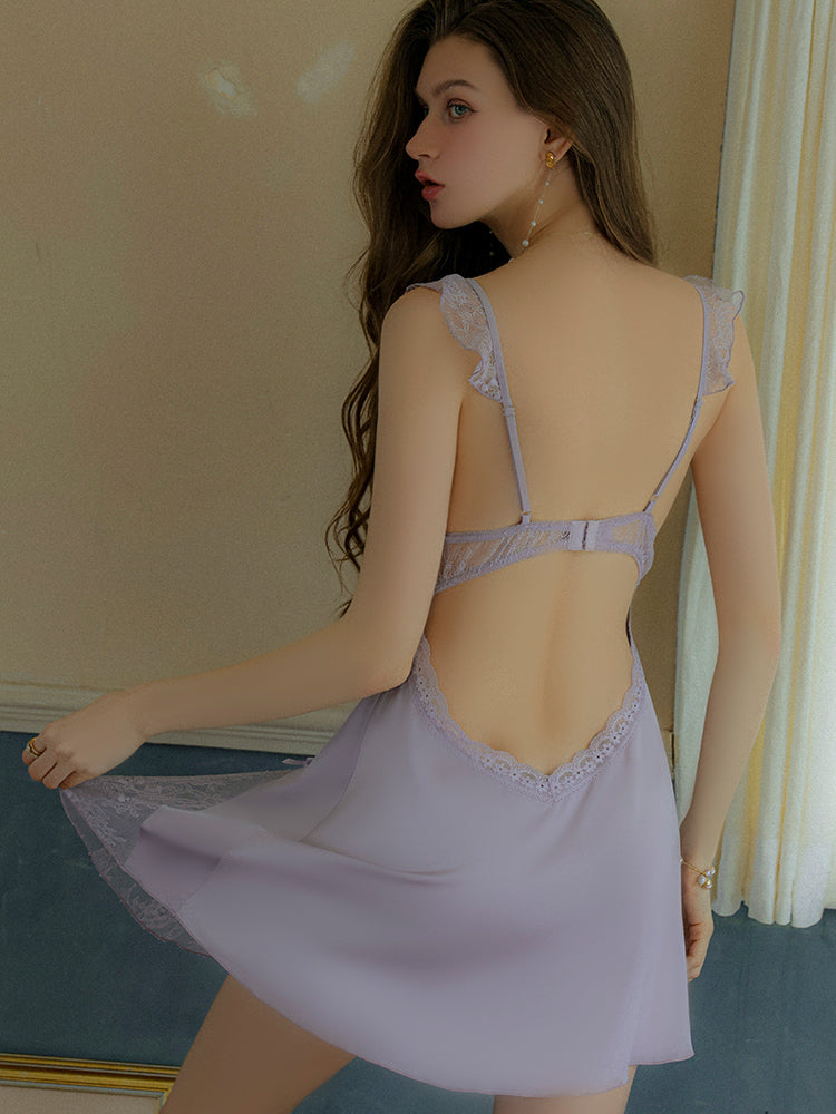 Satin Lace Mesh Padded Sleepdress | lilac