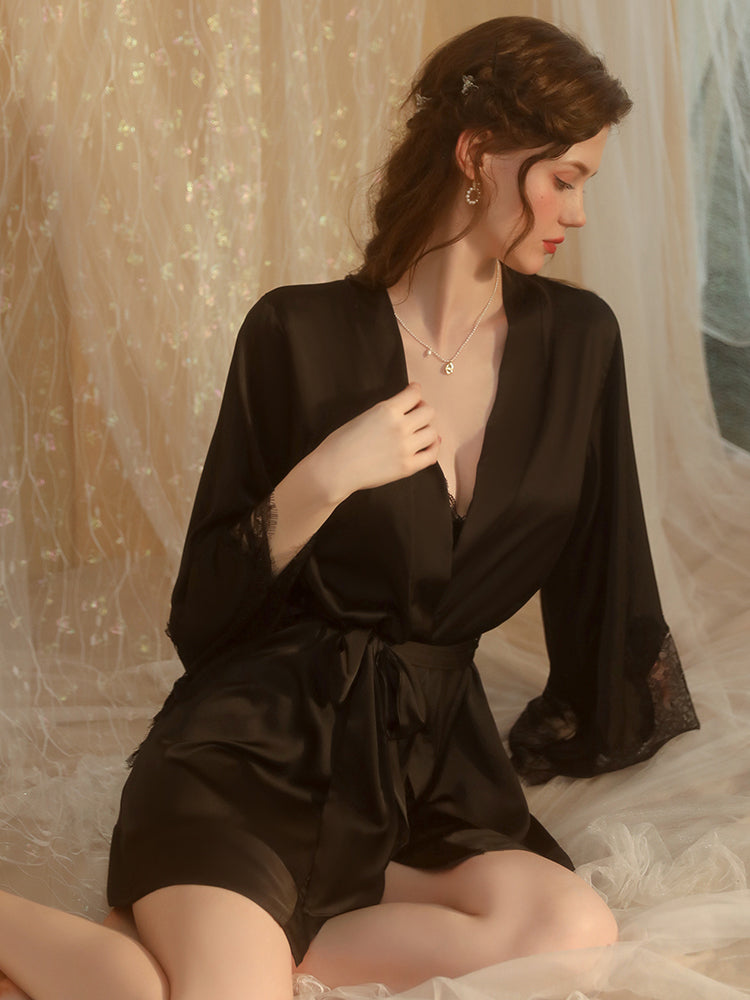 Lace Trim Satin Robe with Belt | Black