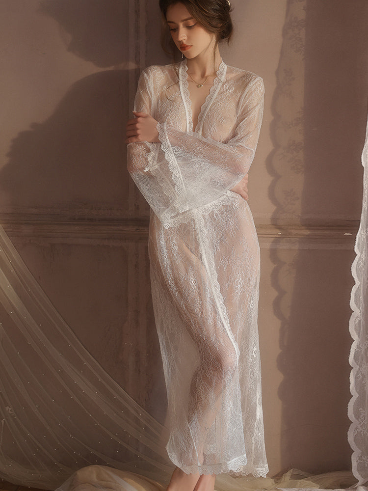 Sheer Lace Deep V Long Robe | white