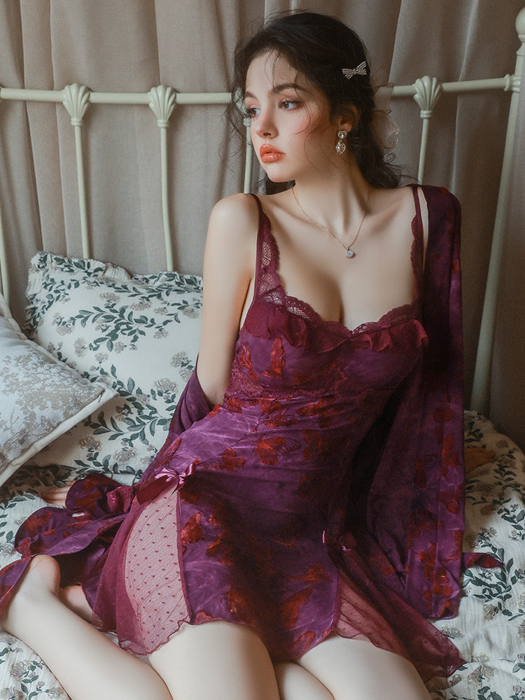 Purple Velvet Butterfly Nightdress and Robe Set | Purple Robe + Belt