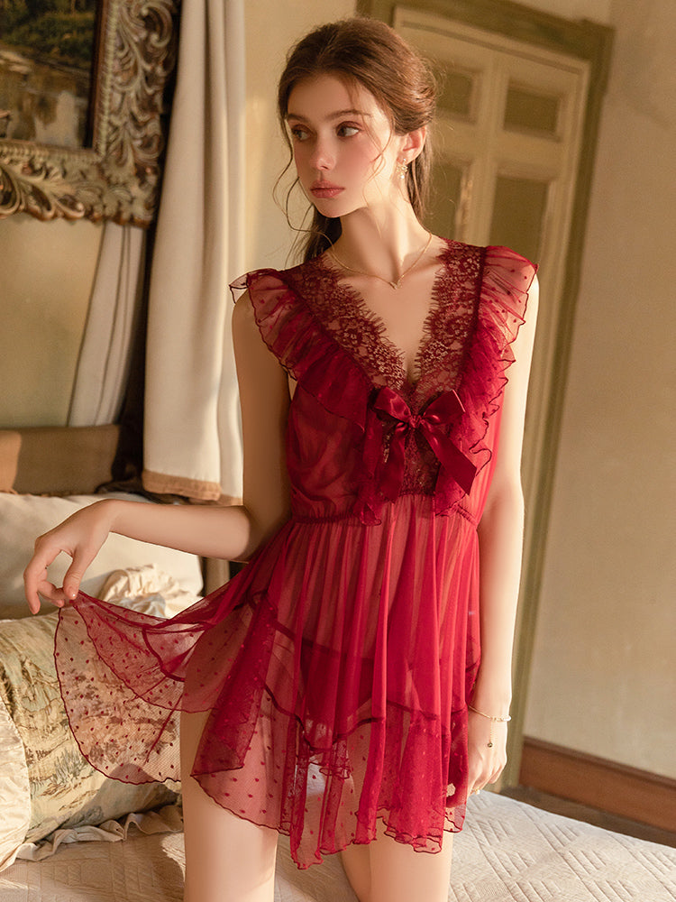 Sheer Lace Bow Nightdress | Red
