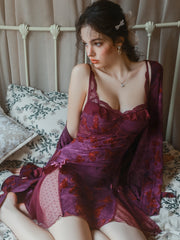 Purple Velvet Butterfly Nightdress and Robe Set | Purple Robe + Belt