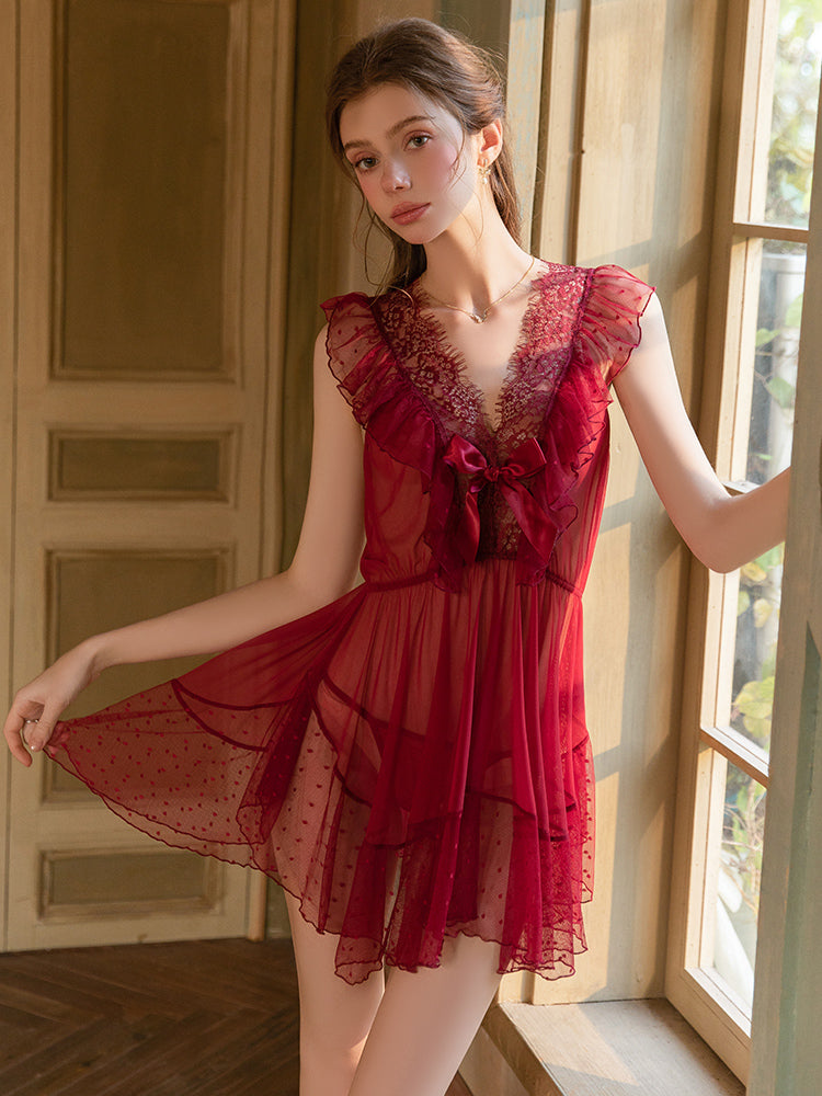 Sheer Lace Bow Nightdress | Red