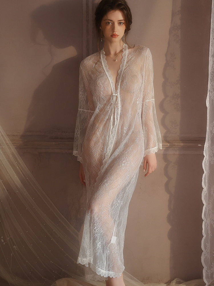 Sheer Lace Deep V Long Robe | white