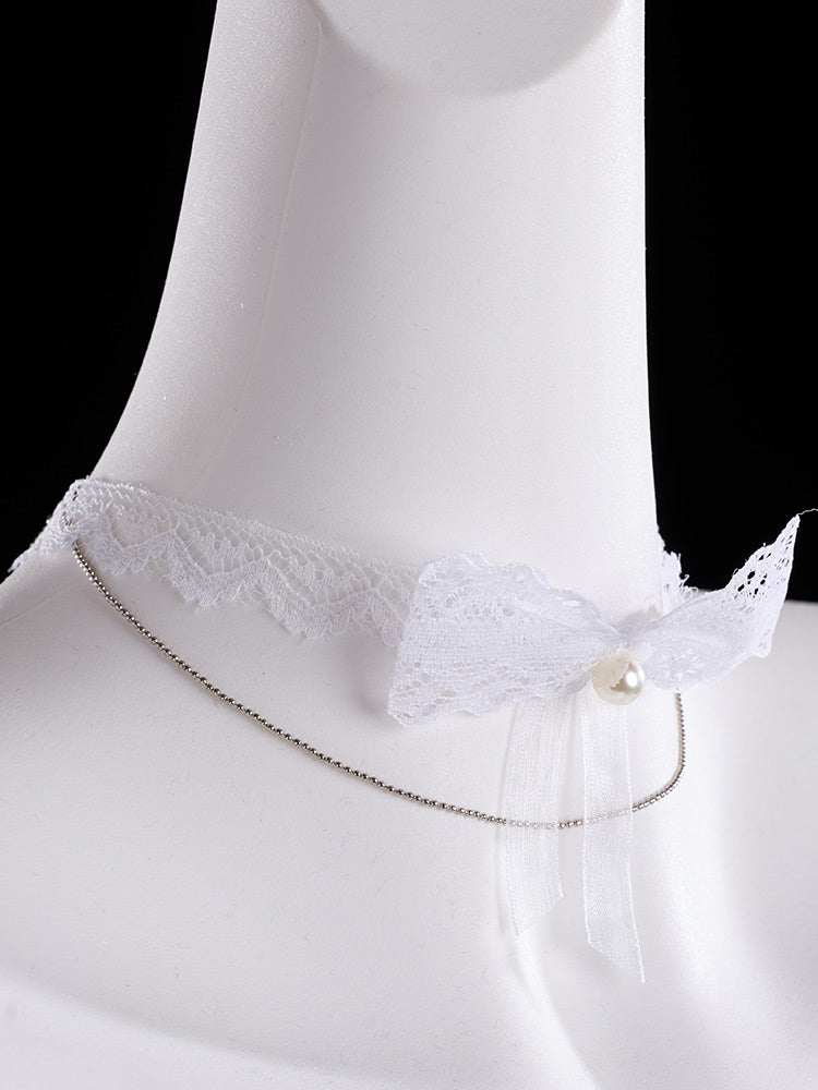 Lace Bow Pearl Chain Choker Necklace