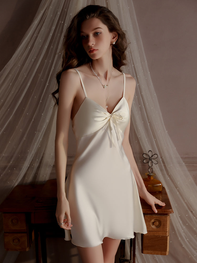 Padded Bow Satin Sleepdress | Cream Yellow