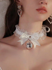 Ruffle Bow Bell Choker | White