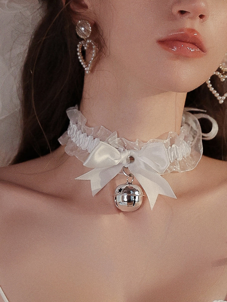 Ruffle Bow Bell Choker | White