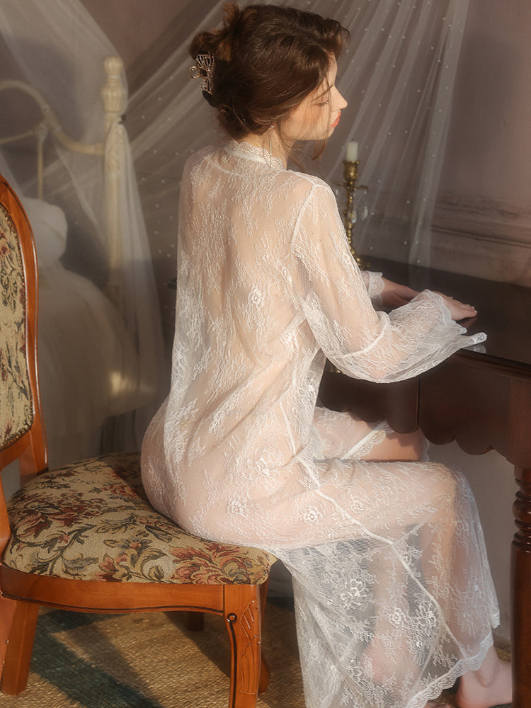 Sheer Lace Deep V Long Robe | white