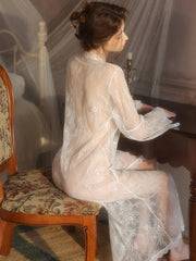 Sheer Lace Deep V Long Robe | white