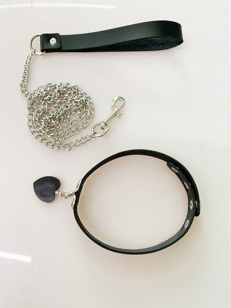 Heart Pendant Choker Collar with Chain Leash