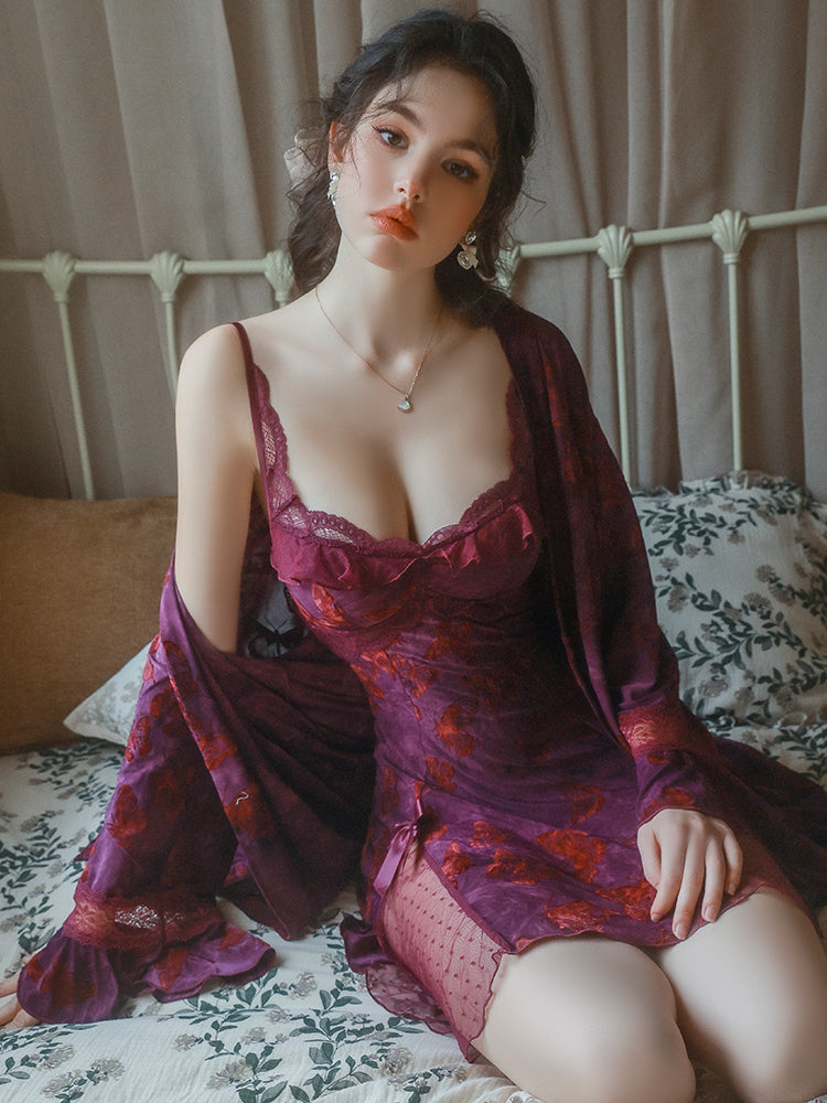Purple Velvet Butterfly Nightdress and Robe Set | Purple Robe + Belt