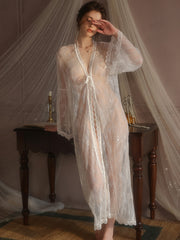 Sheer Lace Deep V Long Robe | white