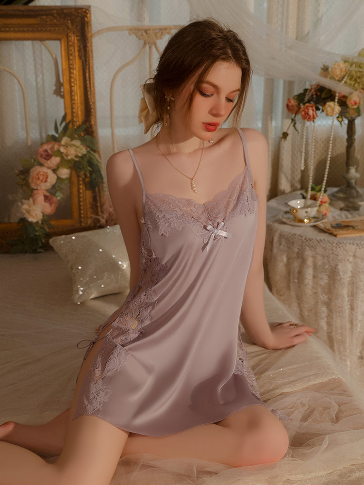 Satin Lace Tie Nightdress and T-Back Panty Set | Lavender