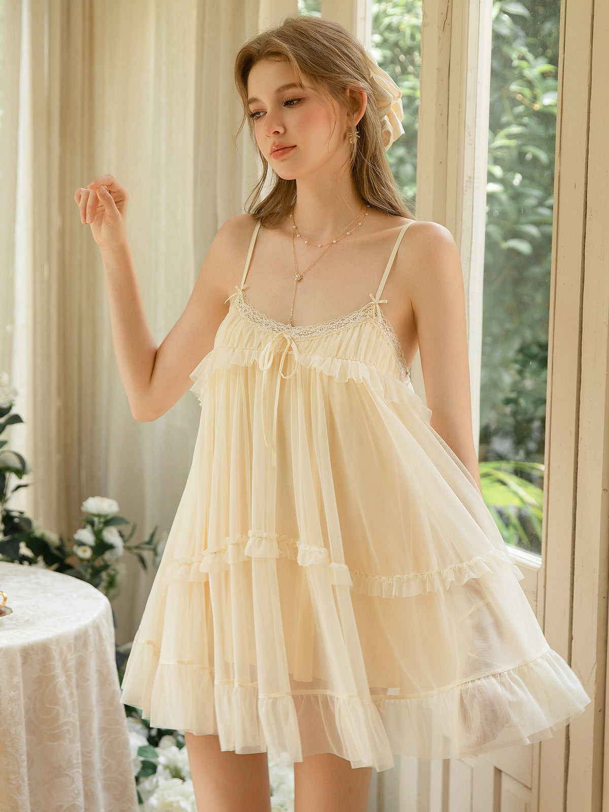 Sheer Ruffle Mesh Nightdress | Light Yellow