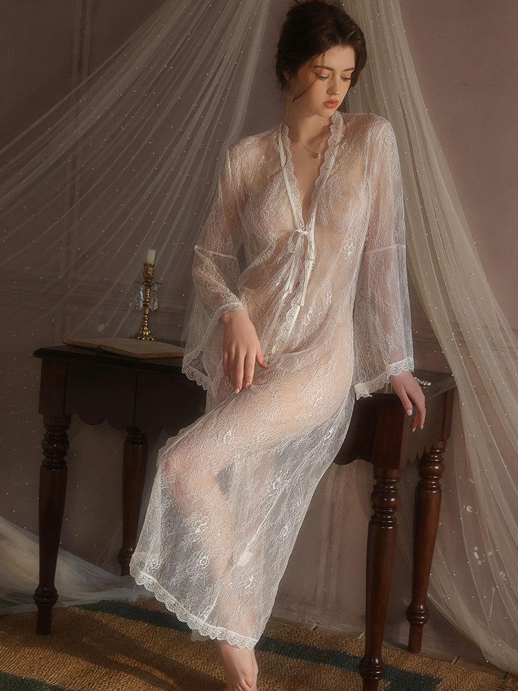 Sheer Lace Deep V Long Robe | white