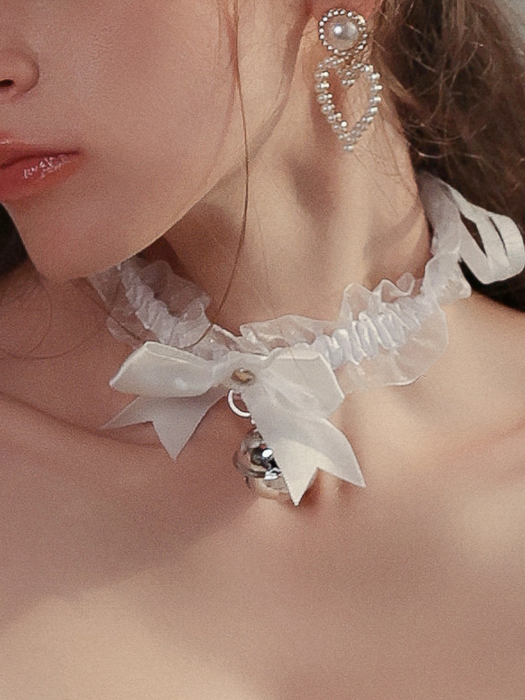 Ruffle Bow Bell Choker | White