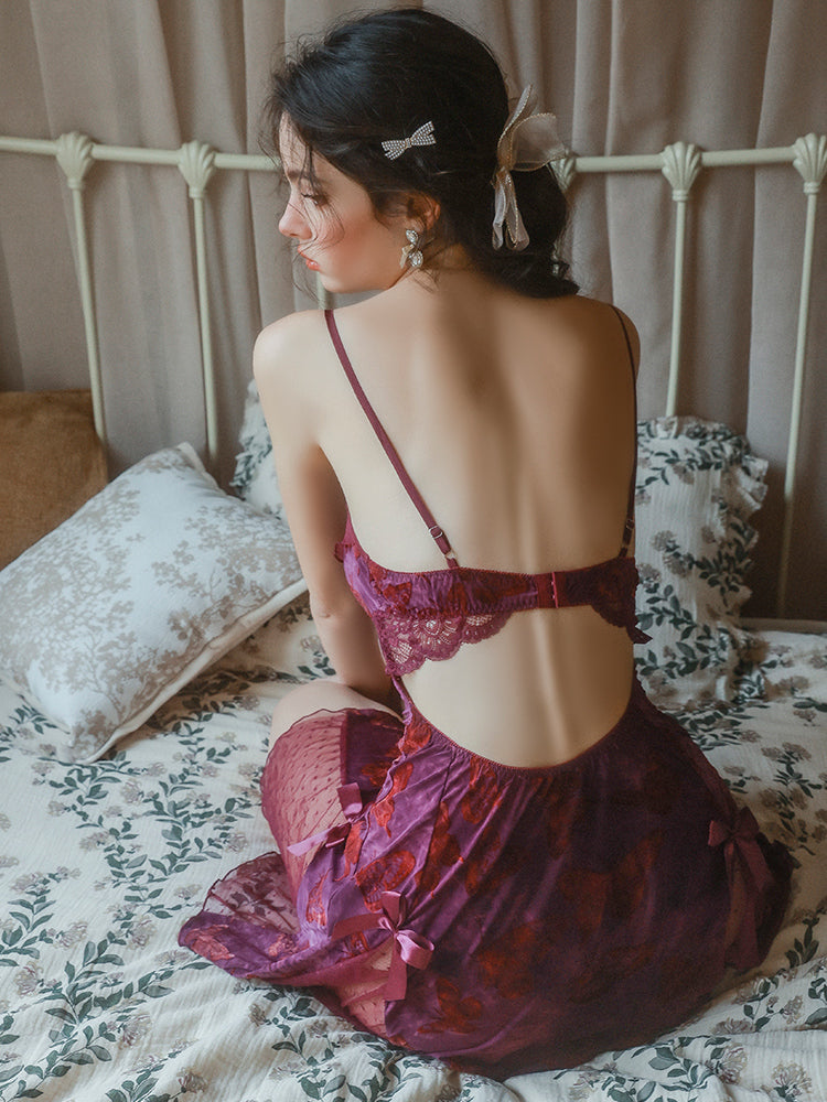 Purple Velvet Butterfly Nightdress and Robe Set | Purple Nightdress