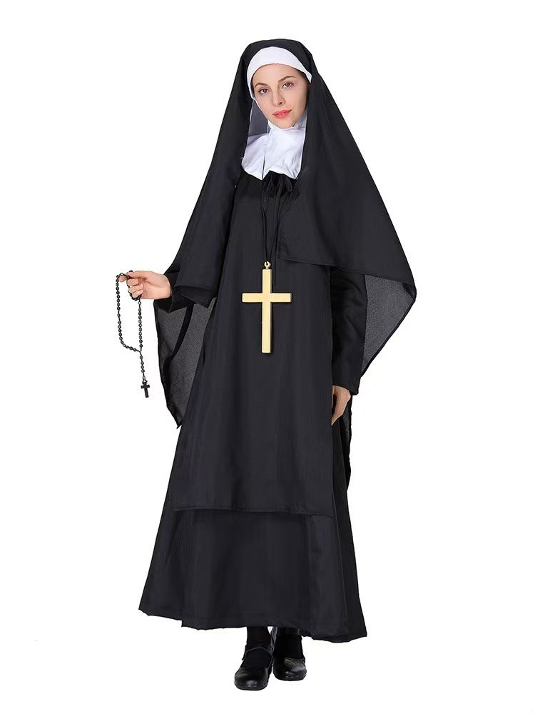 Black Nun Costume Dress and Cross Necklace Set