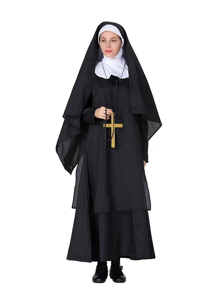 Black Nun Costume Dress and Cross Necklace Set