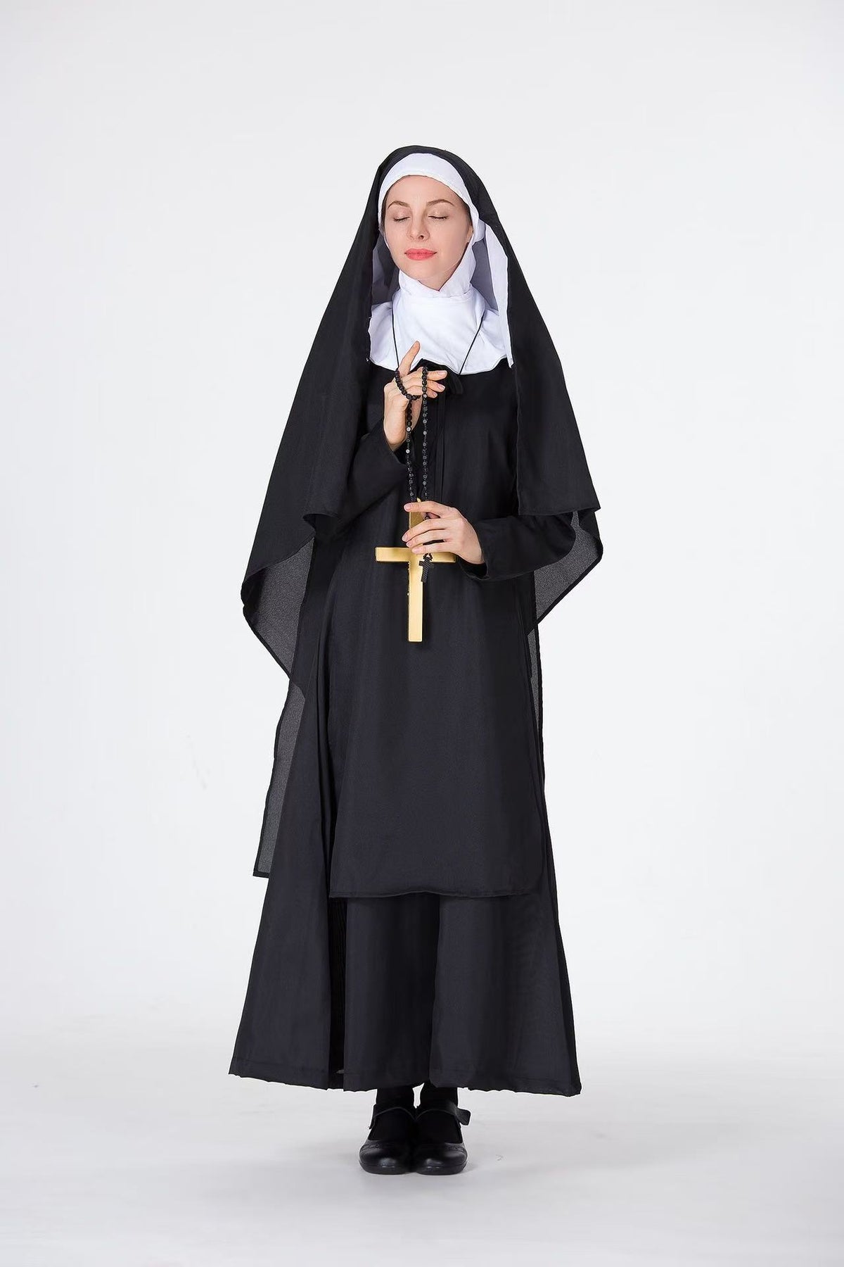 Black Nun Costume Dress and Cross Necklace Set
