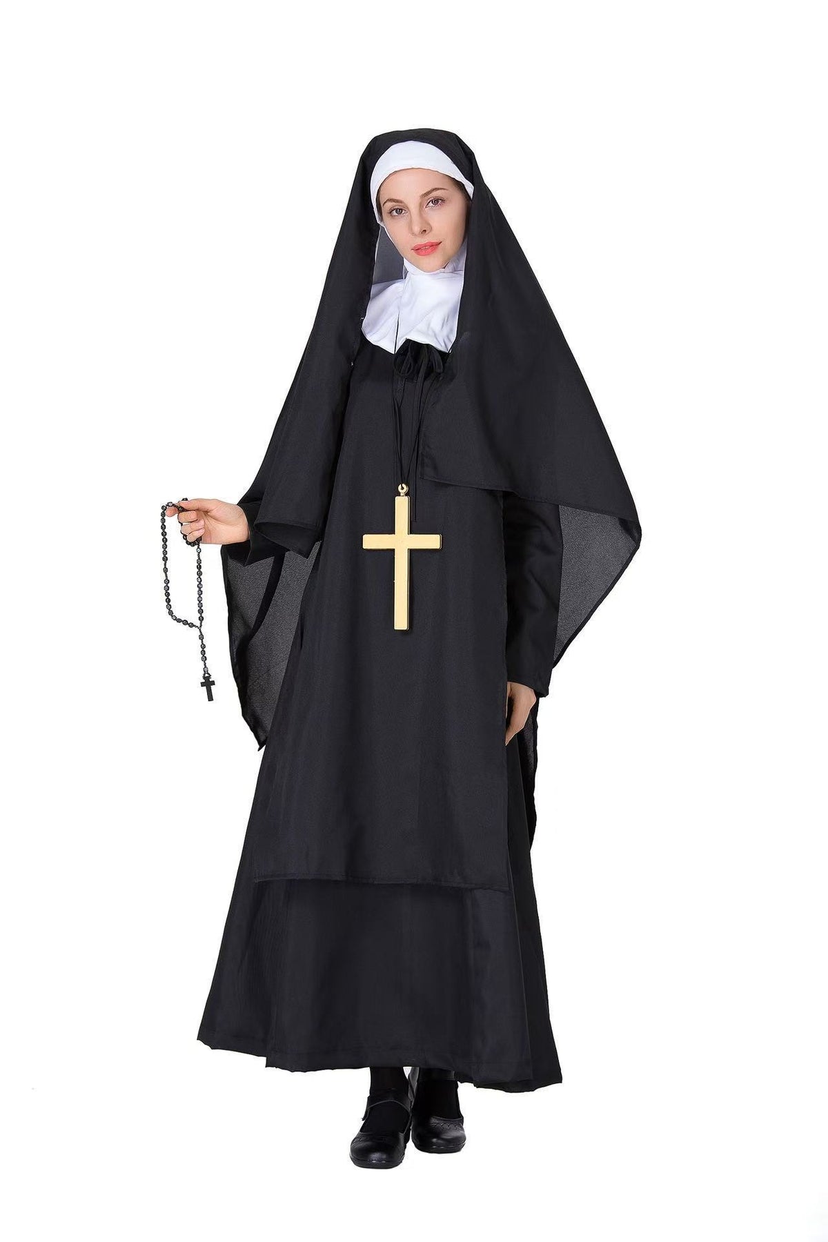 Black Nun Costume Dress and Cross Necklace Set