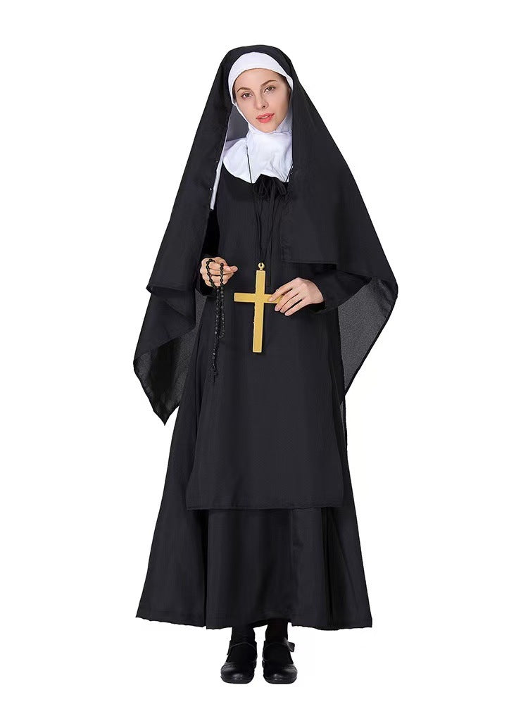 Black Nun Costume Dress and Cross Necklace Set