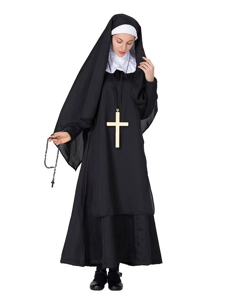 Black Nun Costume Dress and Cross Necklace Set