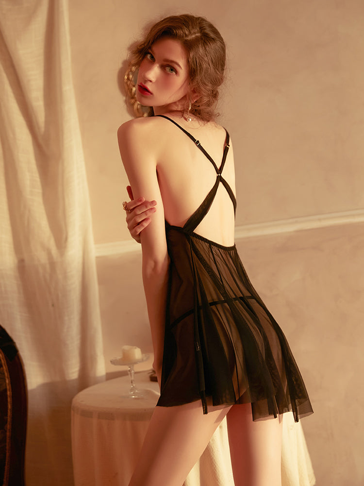 Sheer Lace Backless Nightdress Set