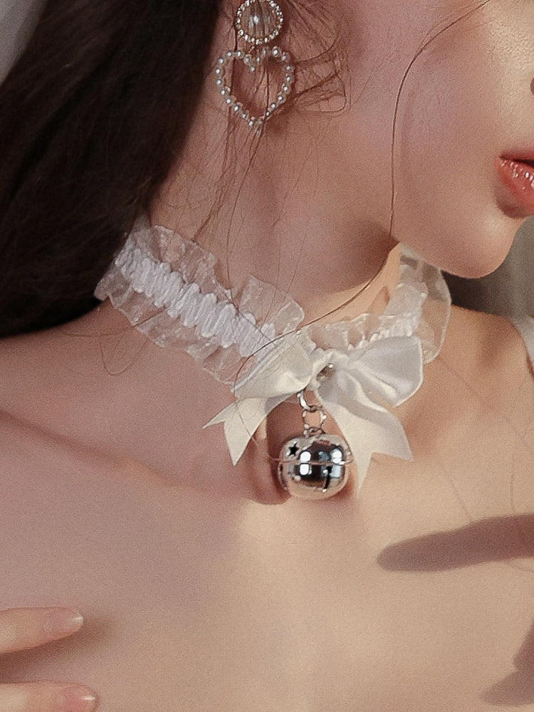Ruffle Bow Bell Choker | White