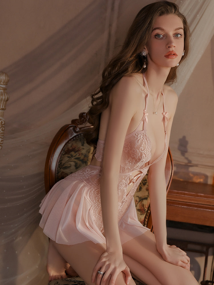 Sheer Lace-Up Open-Back Teddy Bodysuit | Pink