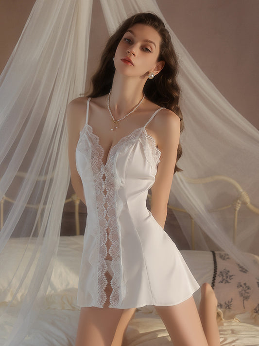 Satin Lace Deep V Nightdress Set | White