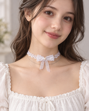 Lace Bow Pearl Chain Choker Necklace