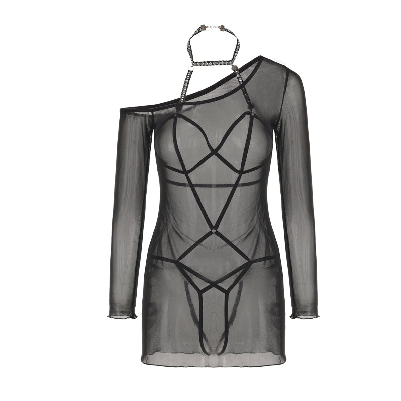 Sheer Mesh One-Shoulder Dress
