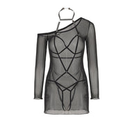Sheer Mesh One-Shoulder Dress