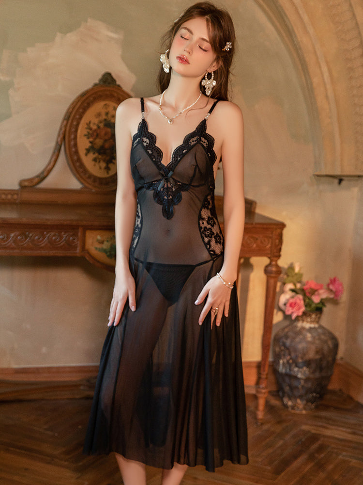 Backless Sheer Lace Sleepdress and Panty Set