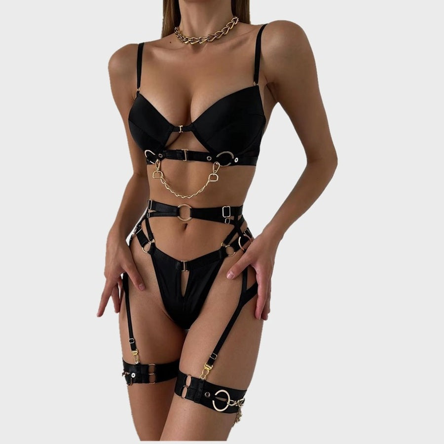 Black metal chain buckle four-piece lingerie costume set front view