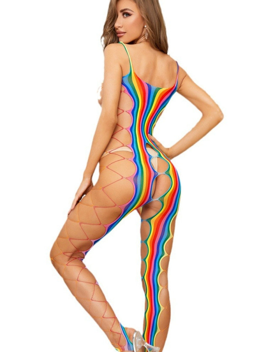 Rainbow stripe sheer bodystocking costume back view