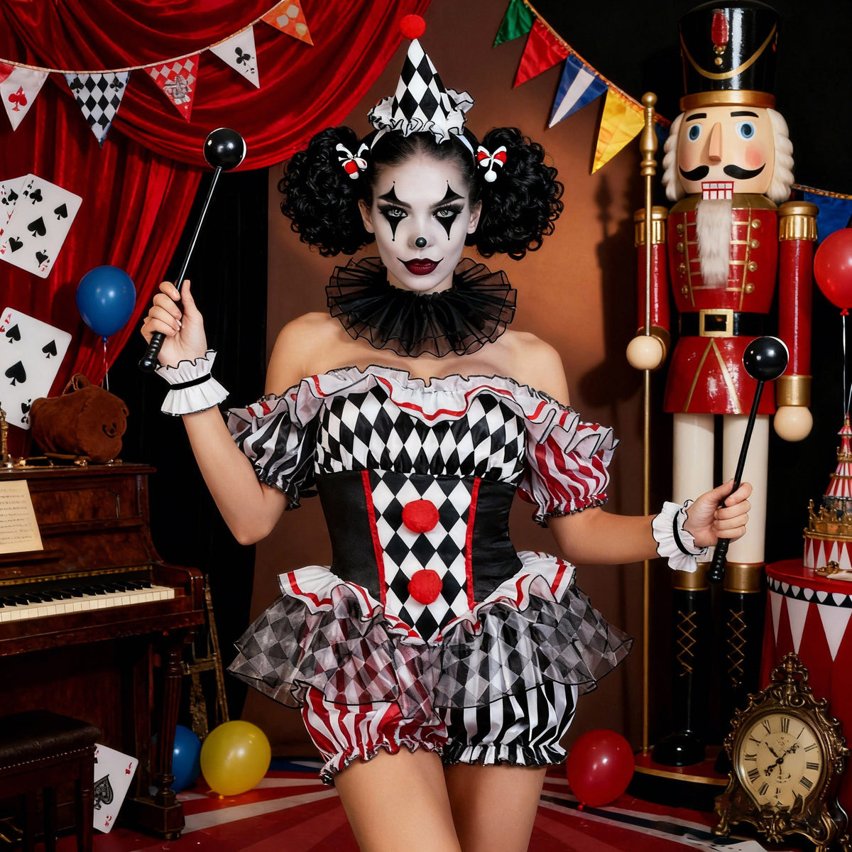 Harlequin Ruffle Romper Costume | Black, White and Red