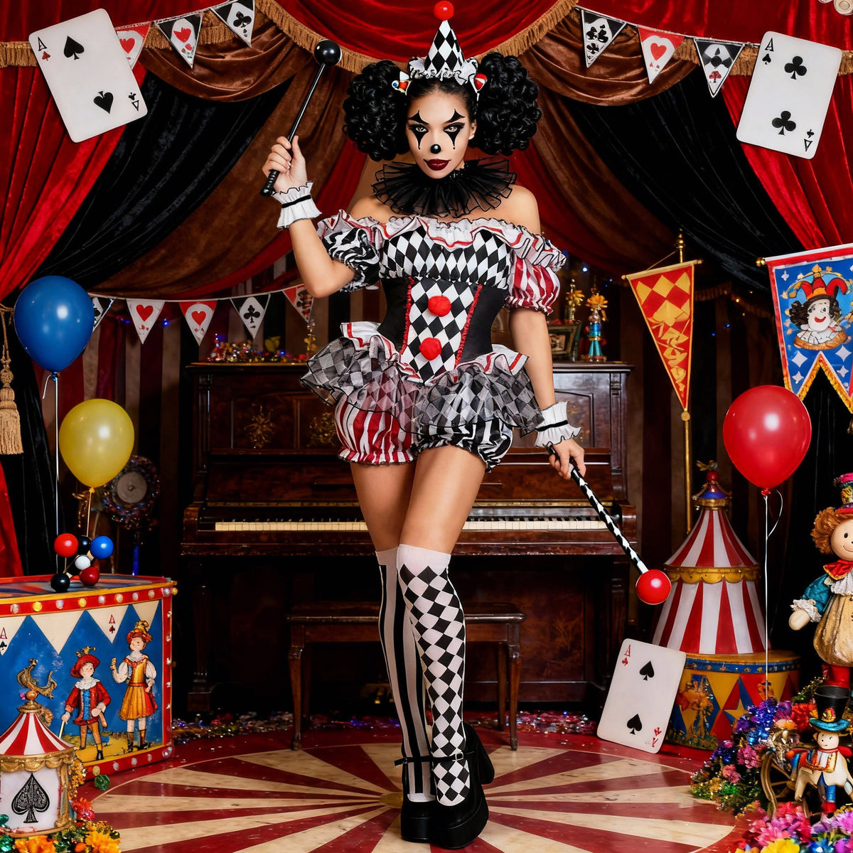 Harlequin Ruffle Romper Costume | Black, White and Red
